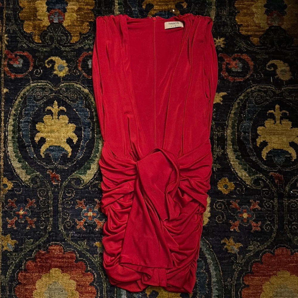 Gorgeous ‘House of CB’ dress. Ruched bottom and deep V. Heavy lovely material.